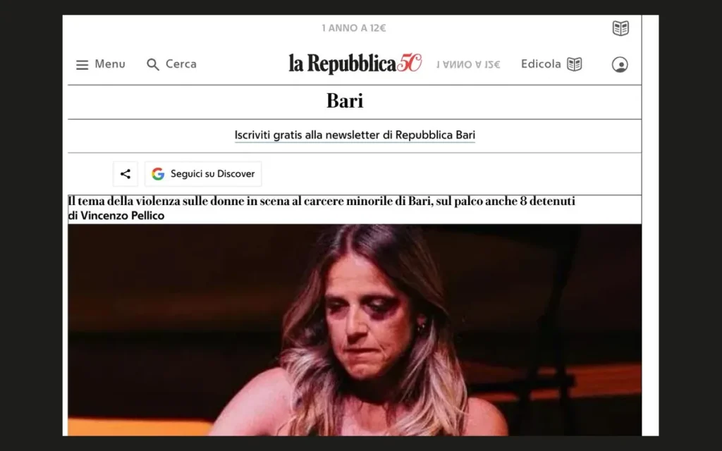 Anteprima articolo la Repubblica Bari sullo spettacolo Ancora una volta al carcere minorile, 2024